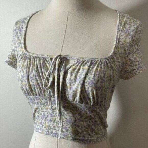 SHEIN S Small Romantic Boho Crop Top Purple Yellow Floral Stretch Knit - Picture 1 of 5